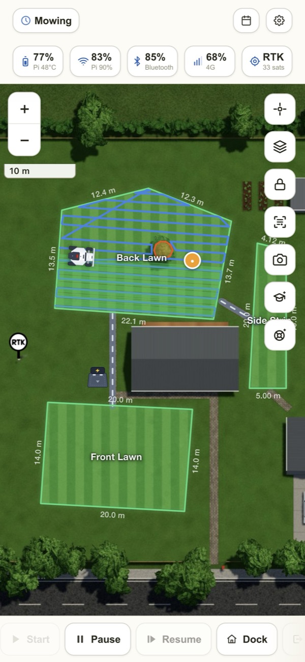 The LuLuMate app on a phone: the mower mowing the back lawn, with its route and battery, Wi-Fi, Bluetooth and RTK status